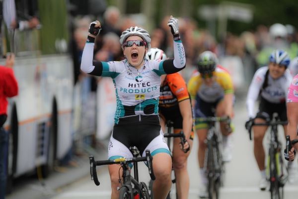 That feels good. Chloe crosses the line first ahead of Kirsten Wild and Ellen van Dijk. Photo credit: sportfoto.nl